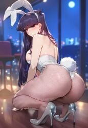 1girls ai_generated ass black_eyes black_hair bunny_ears bunny_girl bunnysuit emotionless fake_animal_ears fishnets high_heels hotel huge_ass huge_breasts komi-san_wa_komyushou_desu komi_can't_communicate komi_shouko meiogun playboy_bunny reverse_bunnysuit sitting thick_thighs white_bunnysuit wide_hips