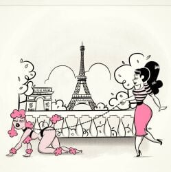 2018 2girls all_fours arc_de_triomphe black_lipstick dog_girl dog_walking eiffel_tower female female_only high_heels leash_and_collar on_all_fours original original_character pale-skinned_female pale_skin paris petplay pink_skin pink_theme ponytail poodle public public_indecency puppygirl retro_artstyle rutturuttu