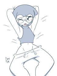 1boy 2024 artist_signature blush bulge embarrassed femboy fernal-scarlet fondly_aloe girly glasses lying_on_bed male male_only original pants_falling_down round_glasses solo solo_focus solo_male sweatpants taffy_(fernal-scarlet) tongue tongue_out wink