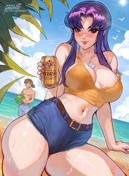 1boy 1girls 2024 absurdres beer belt big_ass big_breasts blush clothing cross_necklace daisy_dukes denim_shorts greenu jean_shorts long_hair looking_at_viewer misato_katsuragi neon_genesis_evangelion purple_hair purple_nails pussy red_eyes ryoji_kaji scar sitting tank_top thick_thighs watermelon