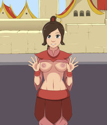 athletic avatar_the_last_airbender big_breasts bracelet braid breasts breasts_out brown_hair busty clothing eyelashes female female_focus female_only flashing hourglass_figure large_breasts long_hair medium_breasts mezz midriff navel nickelodeon outdoors pinup ponytail pose posing shirt_lift sleeves_rolled_up smooth_skin solo standing tagme tied_hair toned toned_female ty_lee wide_hips