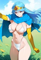 2d ai_generated big_breasts bikini blue_cape blue_hair cape dragon_quest dragon_quest_iii gloves huge_breasts long_hair outdoors sage_(dq3) solo solo_female solo_focus tagme white_bikini