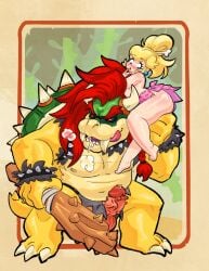 1boy 1girls anthro blonde_hair bowser caveman cavewoman clothing club_(weapon) erection fangs female horns human koopa larger_male male mario_(series) monster monster_boy nintendo penis phantomdame princess_peach red_eyes red_hair reptile scalie size_difference smaller_female tail tongue tongue_out