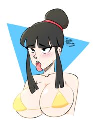 1girls ahe_gao bikini_top black_hair chichi doctorbuguer dragon_ball dragon_ball_z female_focus tongue_out yellow_bikini