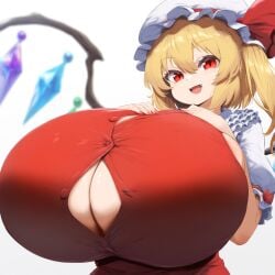 ai_generated ameanon big_breasts blonde_hair breasts button_gap center_opening flandre_scarlet huge_breasts large_breasts paizuri_invitation partially_unbuttoned red_eyes tight_clothing touhou