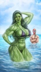 amazonian big_breasts big_muscles big_thighs bikini bikini_top bottomless bush cleavage green_eyes green_hair green_skin jojobanks long_hair looking_at_viewer marvel marvel_comics muscle_girl muscles muscular muscular_arms muscular_female muscular_thighs pubic_hair public public_nudity sea she-hulk spider-man summer superhero superheroine surprised surprised_expression water wet