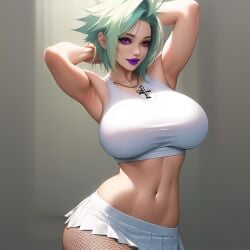 ai_generated cross_necklace fishnet_stockings fit_female green_hair hands_behind_head hourglass_figure huge_breasts midriff miniskirt original_character pleated_skirt purple_eyes purple_lipstick realistic short_hair smiling_at_viewer spiky_hair white_outfit