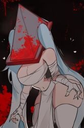 bandage bandaged_arm bandages belly_button blood breasts cleavage covered_face female female_pyramid_head hatsune_miku light_blue_hair of_psychiatric_treatmentrn1girls pyramid_head silent_hill small_waist sorry_i'm_an_another_artist_in_need sunsun thick thick_ass thick_thighs thighhighs thighs tiny_waist twintails vocaloid white_legwear white_skin