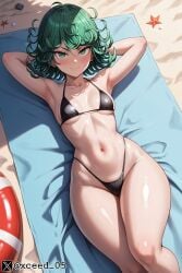 ai ai_generated armpit_fetish armpits beach bikini curvy curvy_figure female green_eyes green_hair one-punch_man shiny_skin small_breasts stable_diffusion tatsumaki thick_thighs wide_hips xceed