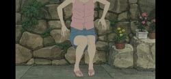 1girls a_letter_to_momo anime_screencap denim_skirt female jean_skirt miyaura_momo momo_e_no_tegami momo_miyaura panty_peek pink_sandals pink_shirt squatting