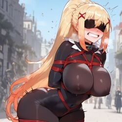 1girls ai_generated arms_behind_back bigrx blindfold blonde_hair blush bodysuit bondage covered_nipples darkness_(konosuba) kono_subarashii_sekai_ni_shukufuku_wo! orgasm pantyhose ponytail public restrained rope rope_bondage shibari