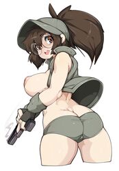 1girls areolae ass big_ass big_breasts black_gloves breasts brown_eyes brown_hair female female_only fingerless_gloves fio_germi glasses gloves gun hat human human_only inverted_nipples metal_slug military_uniform nipples no_bra open_mouth pale-skinned_female partially_clothed ponytail shorts slugbox solo thick_thighs thighs tight_clothing tight_shorts white_background wide_hips