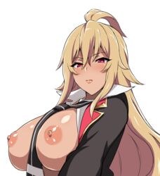 ahoge areola_slip areolae bangs between_breasts blazer blonde_hair breasts cleavage female hair_between_eyes jacket large_breasts long_hair long_sleeves looking_at_viewer loose_necktie necktie necktie_between_breasts open_blazer open_clothes open_jacket open_shirt red_eyes school_uniform shikishima_mirei shirt simple_background solo tawashi1623 upper_body valkyrie_drive valkyrie_drive_-mermaid- very_long_hair white_background