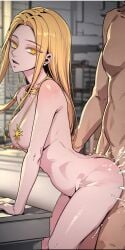 1boy 1girls ai_generated anal anal_sex blonde_hair ceremon_vaughan doggy_style doggy_style_position female from_behind hero_killer male male_penetrating_female sex victoria_(hero_killer) webtoon yellow_eyes