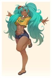 1girls ass big_ass big_thighs braless brazil brazilian brazilian_female brazilian_flag brazilian_flag_print brazilian_miku breasts cheshirrr cyan_eyes cyan_hair dark-skinned_female female female_only hatsune_miku huge_ass huge_thighs latin_american_hatsune_miku_(meme) long_hair looking_at_viewer medium_breasts painted_nails sandals shirt short_shorts shorts smile solo tagme tan tan_body tanline tanned_female thick_hips thick_thighs thighs thong thong_panties twintails underboob vocaloid yellow_shirt