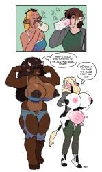 2girls before_and_after blackshirtboy cow_girl dialogue_bubble milk muscular_anthro muscular_female ripped_clothing transformation udders