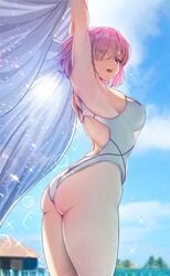 armpits arms_up ass ass_focus bangs blue_sky blurry blurry_background breasts cloud cloudy_sky dat_ass day eyebrows_visible_through_hair fate/grand_order fate_(series) female from_behind hair_over_one_eye happymonk high_resolution highleg highleg_swimsuit holding looking_at_viewer looking_back mash_kyrielight medium_breasts nipples_visible_through_clothing one-piece_swimsuit open_mouth outdoors pink_hair purple_eyes see-through see-through_clothing shiny shiny_hair short_hair simple_background sky solar_(happymonk) solo sparkle swimsuit thighs