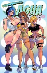 3girls ahoge ass ass_cleavage bent_leg big_breasts black_hair blonde_hair blue_eyes blue_hair blush brown_hair clothing dark-skinned_female dark_skin darkereve female female_only green_eyes hi_res jagua_tales joana_dolores latina latina_female leg_up light-skinned_female light_skin long_hair looking_at_viewer maya_diva mole mole_on_ass mole_under_eye smiling smiling_at_viewer standing_on_one_leg tania_serrata teeth_showing text thick_ass thick_thighs two_tone_hair