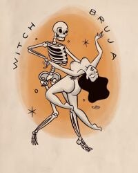 1girls 2018 artist_signature ass breasts dancing female happy naked naked_female nude nude_female original original_character pale-skinned_female pale_skin pinup retro_artstyle rutturuttu skeleton solo_female wholesome witch