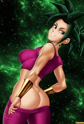 1girls ass black_eyes black_hair breasts dragon_ball dragon_ball_super earrings female female_only fusion kefla light-skinned_female light_skin looking_at_viewer ponytail potara_earrings saiyan short_hair solo solo_female spiky_hair tenzen