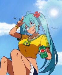 1girls brazil brazilian brazilian_female brazilian_miku cyan_hair golden_earrings hatsune_miku ketrita soda_can vocaloid yellow_shirt