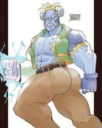 1boy angry_face artist_signature ass blonde_hair capcom darkstalkers empty_eyes frankenstein's_monster male male_only muscles muscular muscular_male solo thick_ass thick_thighs very_high_resolution victor_von_gerdenheim wanderjegson white_eyes