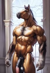 1boy 2024 abs ai_generated animal_genitalia anthro avaru brown_body brown_fur equid equine equine_genitalia equine_penis fur genitals horse horse_penis horsecock humanoid male male_focus male_only mammal muscular muscular_male navel nipples nude penis pose sagging_balls solo tagme white_fur