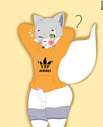 air_(disambiguation) animal_humanoid anthro arctic_fox artic_foxi articowo bedroom_eyes blush bodily_fluids bottomwear canid canine clothed clothing fox fur genital_fluids genitals green_eyes grey_bottomwear grey_clothing grey_pants hi_res humanoid humanoid_genitalia humanoid_penis kay_wai long_tail male mammal mammal_humanoid narrowed_eyes orange_clothing orange_shirt orange_topwear pants pants_down partially_clothed penis precum seductive shirt simple_background solo thick_thighs topwear white_body white_fur white_penis yellow_background