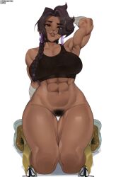 abs armpits arms_up bandage big_breasts big_thighs black_hair boots braid braided_hair brown_eyes brown_hair bush cinder_(fortnite) dark-skinned_female dark_skin earrings epic_games fortnite fortnite:_battle_royale huge_breasts kneeling lilatole muscle_girl muscle_mommy muscular muscular_female necklace pubic_hair semi_naked tagme tomboy toned toned_female