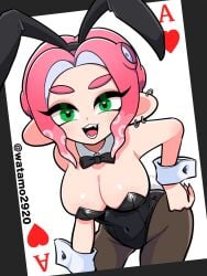 ace_of_hearts agent_8_(splatoon) barely_contained big_breasts black_leotard bowtie breasts bunny_ears bunnysuit card cleavage covered_navel detached_collar detached_sleeves ear_piercing earrings fake_animal_ears fangs green_eyes hand_on_hip heart-shaped_pupils highleg highleg_leotard hips leaning_forward leotard light-skinned_female navel octoling octoling_girl open_mouth pantyhose red_hair short_hair splatoon splatoon_2 strapless strapless_leotard watamo2920