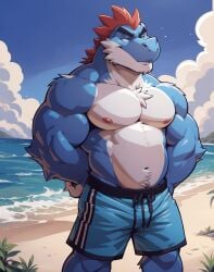 anthro beach blue_body clothing kuranoidss lifeguard male male/male musclegut muscular muscular_male nipples shirt sky standing toony water