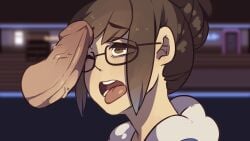 1girls brown_hair female female_focus game_cg glasses male mei_(overwatch)_(cosplay) parody penis rpg_maker sadisticirony tagme tongue_out total_nc:cameo_collector total_nc_(series)