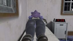 ass ass_cheeks bed boots fortnite fur furry laying_on_bed legs pussy raven_team_leader raven_team_leader_(fortnite) vrchat vrchat_avatar