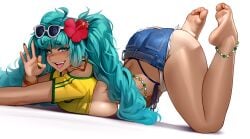 1girls ass ass_up big_ass big_breasts big_thighs blowjob_gesture blue_eyes blue_hair blush brazil brazilian brazilian_female brazilian_miku breasts butt calves clothed cyan_eyes cyan_hair feet fellatio_gesture female female_only flower gesture hatsune_miku huge_ass huge_breasts huge_thighs kairuhentai kairunoburogu latin_american_hatsune_miku_(meme) long_hair looking_at_viewer open_mouth perfect_legs shiny_skin shirt shirt_lift short_shorts shorts smile solo sunglasses tagme tan tan_body thick_hips thick_thighs thighs thong tongue_out twintails vocaloid yellow_shirt