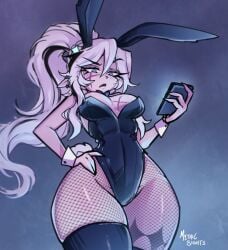 black_lipstick bunny_ears bunny_outfit fishnets makeup mythicsights mythicsights_(artist) phone scars solo thick_thighs uninterested uninterested_female