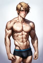 1boy 2024 abs ai_generated athletic_male avaru blonde_hair boxers bulge freckles human human_only male male_focus male_only muscular muscular_male navel nipples short_shorts simple_background vein