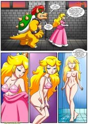 1boy 1girls anthro barefoot bbmbbf blonde blonde_female blonde_hair bowser breasts comic earrings female haughty_face hourglass_figure human long_hair male mario_(series) naked naked_female nintendo nipples nude nude_female palcomix pink_dress princess princess_peach pussy royal royalty shower the_mushroom_kingdom_secret_(comic) undressing wet