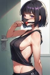 ai_generated ball_gag black_hair black_tank_top drawstring facemask facemask_pull hime_cut large_breasts midriff navel nipple_bulge purple_eyes side_view sideboob sweatpants tank_top zorkpics