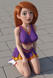 ai_generated big_breasts cheerleader cheerleader_outfit civitai green_eyes kim_possible kimberly_ann_possible kneeling kneeling_on_ground large_breasts long_hair looking_at_viewer orange_hair