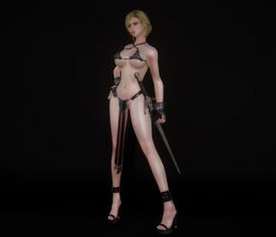 armor bethesda_softworks blonde_hair bra female female_only fingerless_gloves functionally_nude game_screenshot high_heels human kirinococaine loincloth midriff no_panties partially_visible_vulva revealing_clothes skyrim sword the_elder_scrolls