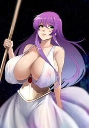 1girls accessories athena_(saint_seiya) big_breasts big_nipples breasts breasts_focus busty deity dress eyebrows eyelashes fat_breasts female female_focus female_only goddess green_eyes light-skinned_female light_skin long_hair nipples nipples_visible_through_clothing pink_nipples purple_hair saint_seiya saori_kido shounen_jump solo solo_female solo_focus very_long_hair visible_nipples voluptuous voluptuous_female white_dress