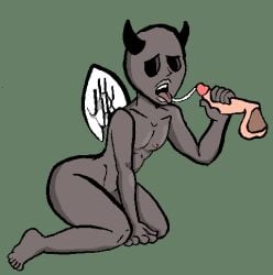 1boy 2017 2d 2d_(artwork) apollyon_(the_binding_of_isaac) balls big_lips bimbo bimbo_lips black_eyes blowjob disembodied_penis empty_eyes erect erect_penis erection femboy floating floating_penis gay girly green_background grey_body handjob handjob_while_sucking horns light_skin lips male male_bimbo naked naked_male nipples nude nude_male on_knees open_mouth saliva saliva_string simple_background statue the_binding_of_isaac tongue wings yaoi