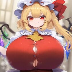 ai_generated ameanon big_breasts blonde_hair breasts button_gap flandre_scarlet huge_breasts large_breasts red_eyes tight_clothing touhou