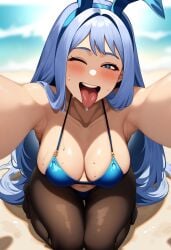 ai_generated armpits arms_outstretched beach black_pantyhose blue_bra blue_eyes blue_hair blush bunny_ears drooling eye_closed eye_contact hands_on_hips_of_viewer happy imminent_oral long_hair looking looking_at_viewer mouth_hold my_hero_academia nejire_hado ocean on_knees outdoors outside pantyhose pov pov_eye_contact pov_penis su_whore_(artist) sweat sweating sweaty sweaty_body sweaty_breasts tongue tongue_out waves wink winking_at_viewer