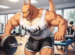 1boy abs ai_generated buff bulge charizard gay gaylover16 gym male_only muscular nintendo pokemon short_shorts shorts tail tank_top white_tank_top