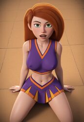 ai_generated big_breasts cheerleader cheerleader_outfit civitai green_eyes kim_possible kimberly_ann_possible kneeling kneeling_on_ground large_breasts long_hair looking_at_viewer orange_hair