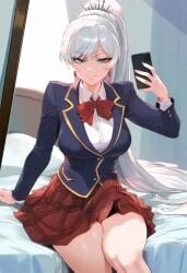 1futa 1girls ai_generated bed bedroom blue_eyes bulge bulge_through_clothing daquavius_pork_pay earrings futanari grin mirror mirror_selfie phone phone_in_hand photo ponytail rwby school_uniform self_upload selfie skirt smirk weiss_schnee white_hair