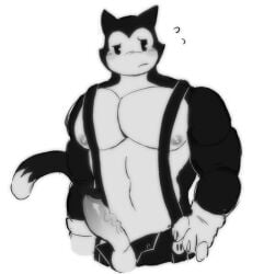 abs balls black_and_white cartoony cat_tail fortnite gloves male male_focus male_only meowscles_(fortnite) overalls pecs penis toon_meowscles_(fortnite) toony