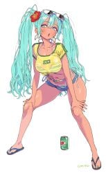 1girls ass_up bikini bra_visible_through_clothes brazil brazilian brazilian_female brazilian_miku conto dancing excited green_hair hatsune_miku long_hair looking_up minishorts open_mouth pigtails simple_background soda tan_body tanline tanlines twintails vocaloid white_background