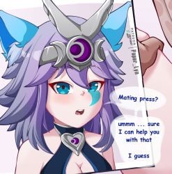 blue_ears blue_eyes breasts fox_ears fox_girl grey_hair io_(paladins) mating_press paladins paper_lyn text